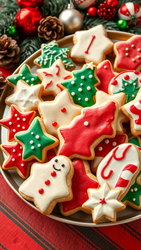 A variety of Italian Christmas cookies on a festive platter, decorated with sprinkles and icing, set against a holiday backdrop.
